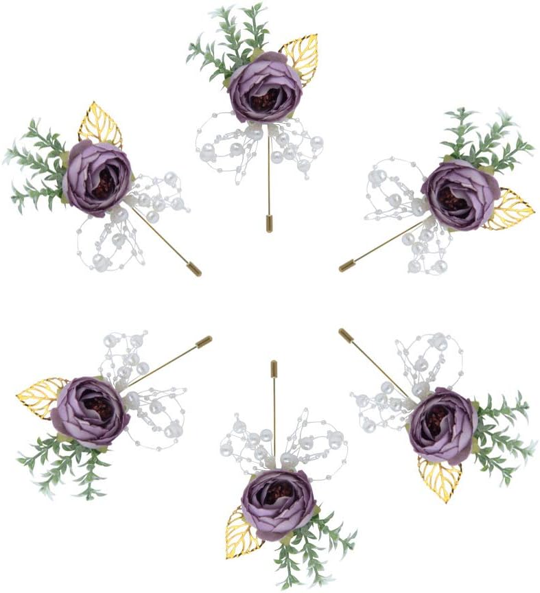 Buery 6 Pieces/lot Wedding Boutonniere Handmade Rose Boutonniere Corsage with Pin, Lapel Pin Rose Wedding Boutonniere for Wedding Prom Party Decor (Purple)