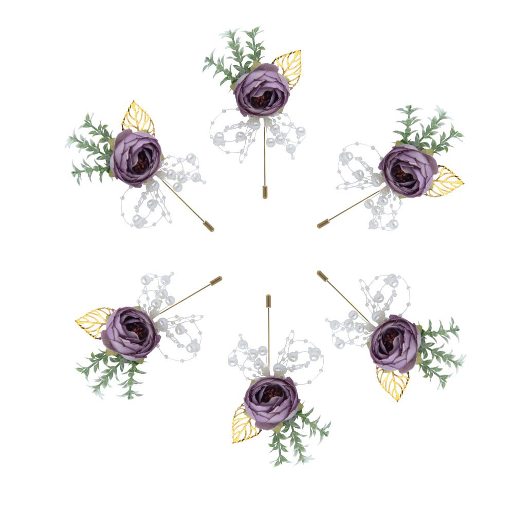 Buery 6 Pieces/lot Wedding Boutonniere Handmade Rose Boutonniere Corsage with Pin, Lapel Pin Rose Wedding Boutonniere for Wedding Prom Party Decor (Purple)