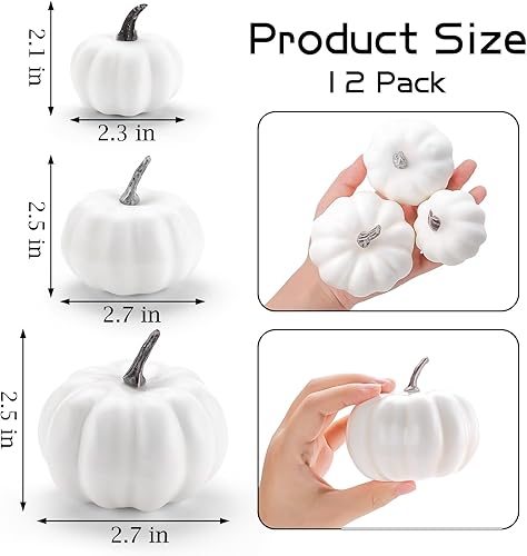 Miniatura 2 de GlyinnHe 12 calabazas artificiales blancas de varios tamaños, calabaza de espuma falsa de cosecha rústica realista para Halloween, otoño, Acción de