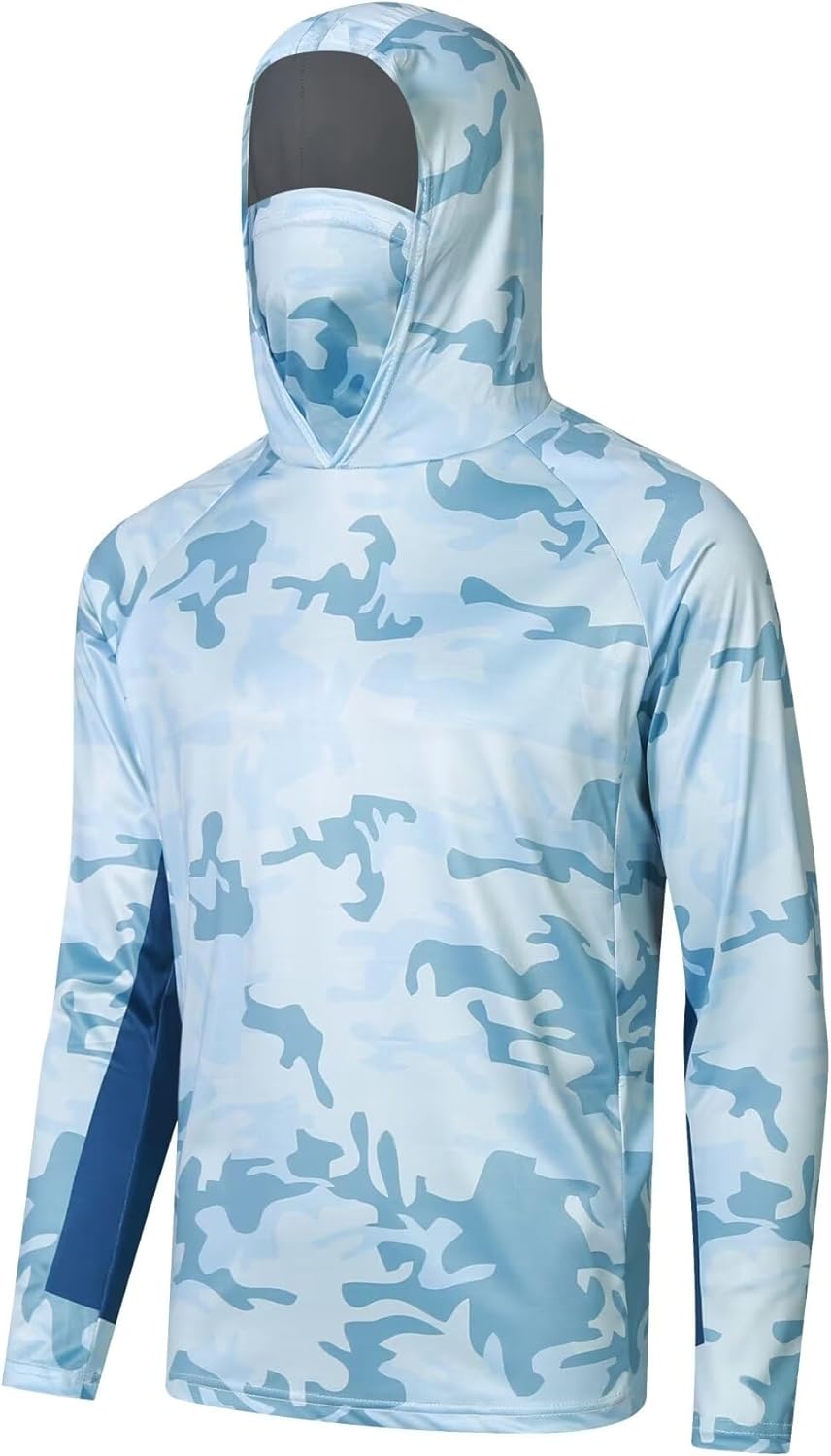 Men's UPF50+ Sun Protection Hoodie Shirt Fashion Loose Long Sleeve Rash Guard Casual Fishing Shirt with Face Mask Plus Size