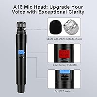 Vista 4 de Sistema de micrófono inalámbrico, juego de micrófono inalámbrico de metal UHF dual, larga distancia de 150 a 200 pies, 16 horas continuas