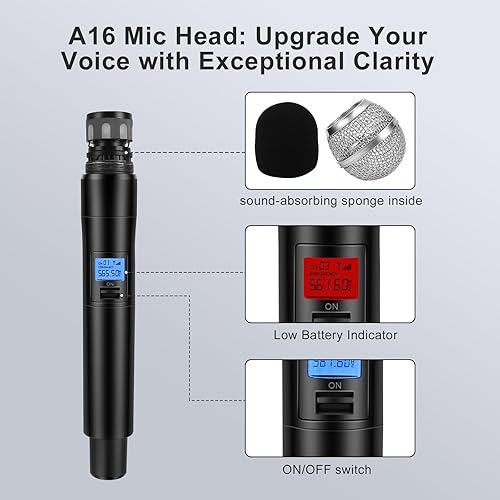Miniatura 4 de Sistema de micrófono inalámbrico, juego de micrófono inalámbrico de metal UHF dual, larga distancia de 150 a 200 pies, 16 horas continuas