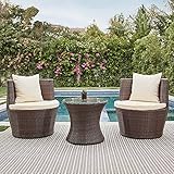 BELLEZE 3 Piece Rattan Patio Conversation Set, Tempered Round Table and Chairs, Outdoor Wicker...