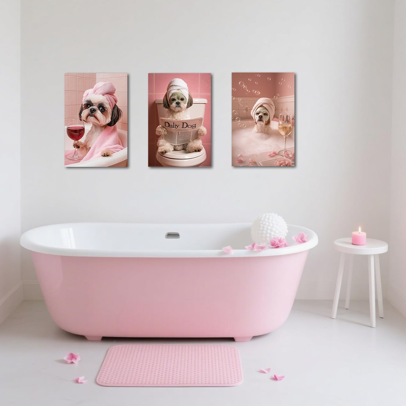 BJYCHG Funny Bathroom Canvas Wall Art Dog Spa Day Art Print 3 Pieces Cute Animal Relaxing Bath with Wine Painting Dog Grooming Poster for Nursery Toilet Decor (Pink, 12x16inchx3 Pieces)