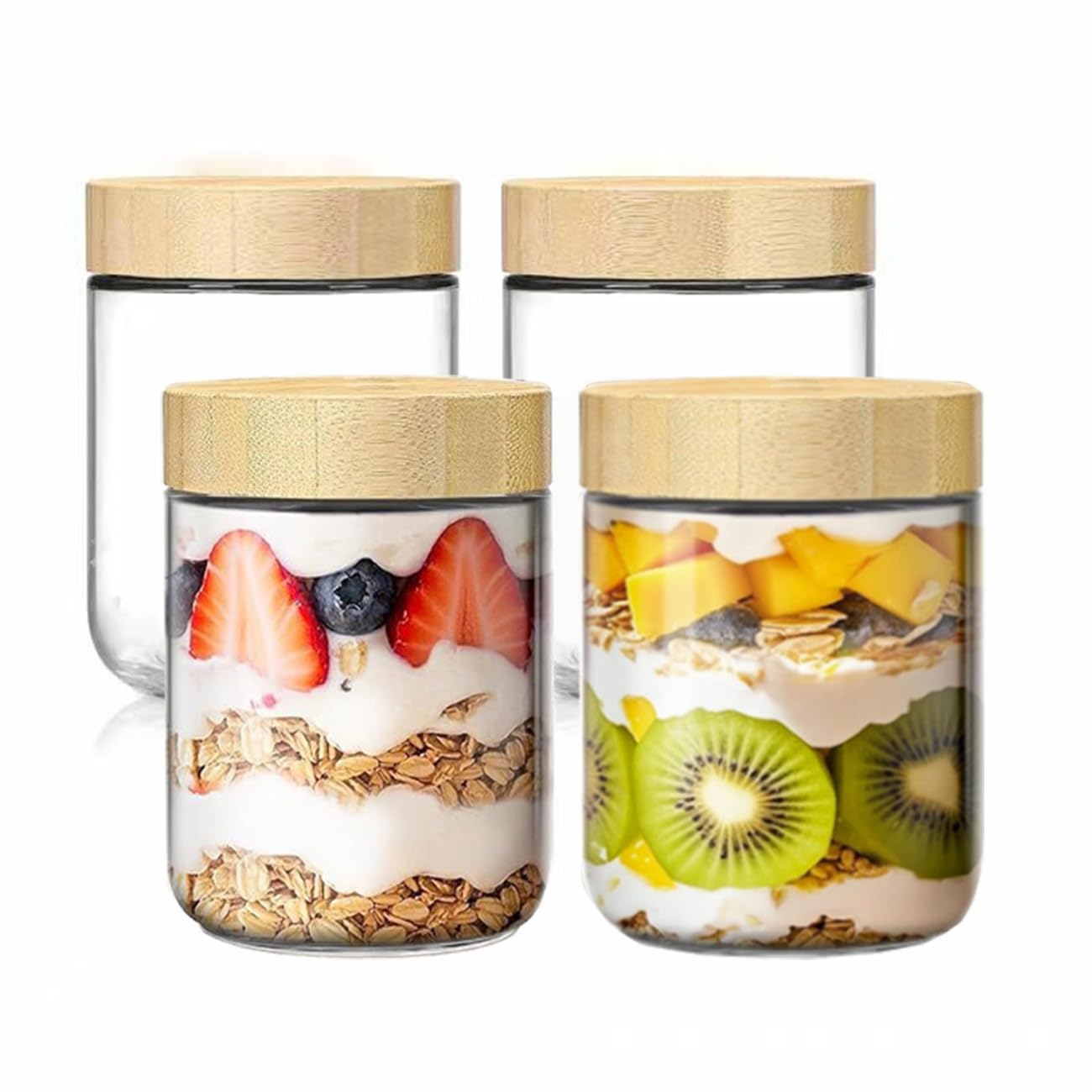 Pykrudo Glass Overnight Oats Jar with Bamboo Lids Set of 4, 450ml Glass Food Storage Containers for Tea Coffee Sugar Kitchen Preserving Jar
