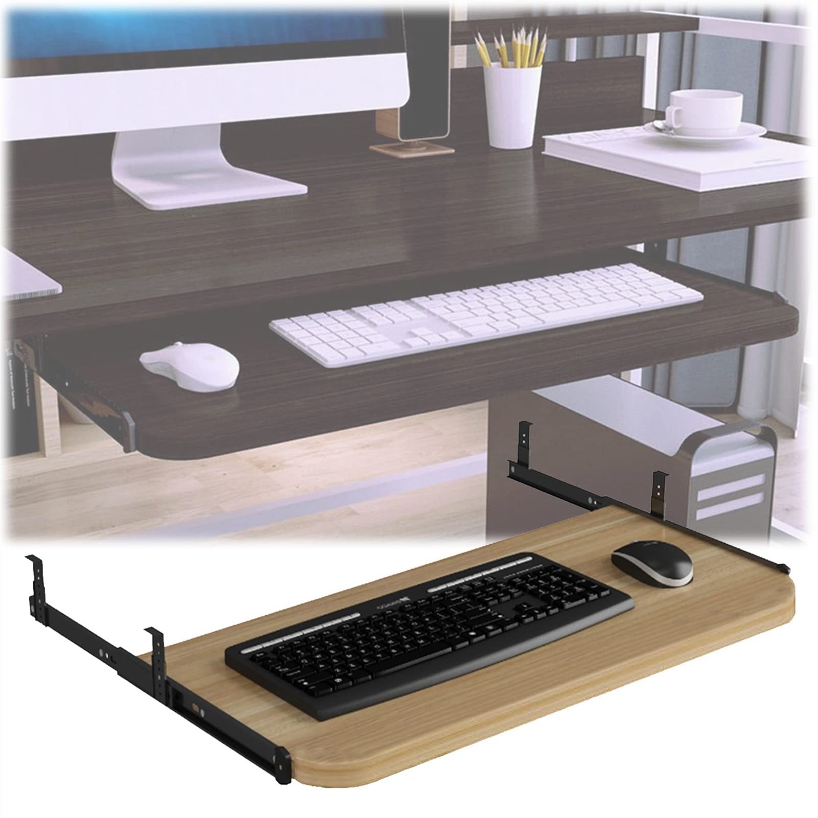 Ergonomic Keyboard Drawer Adjustable Height Sliding Keyboard Tray Wood Keyboard Platform for Desk Extension 54/60/70x27 cm SpaceSaving Keyboard Support