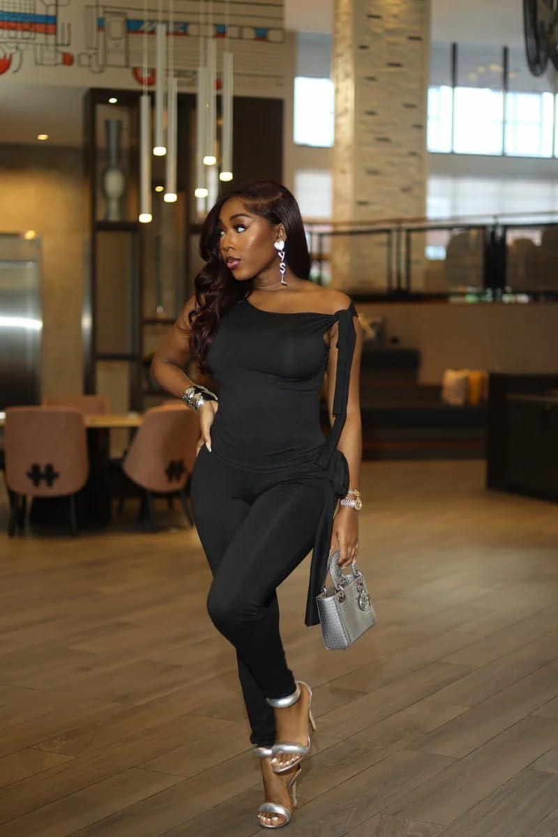 Vssjavun Women 2 Piece Outfits Sexy One Shoulder Sleeveless Crop Tops High Waist Bodycon Matching Long Pants Sets - Image 3