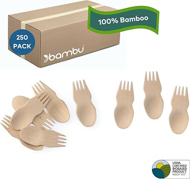 Bambu Pack of 250 - Bamboo Sporks Disposable Set, Biodegradable Eco Friendly Products, Bamboo Utensils for Weddings, Parties, and Events, Compostable Cutlery Great For Any Occasion - Bulk Case