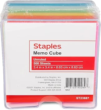 STAPLES Cube Memo Pad, Assorted Colors, 500 Sheets