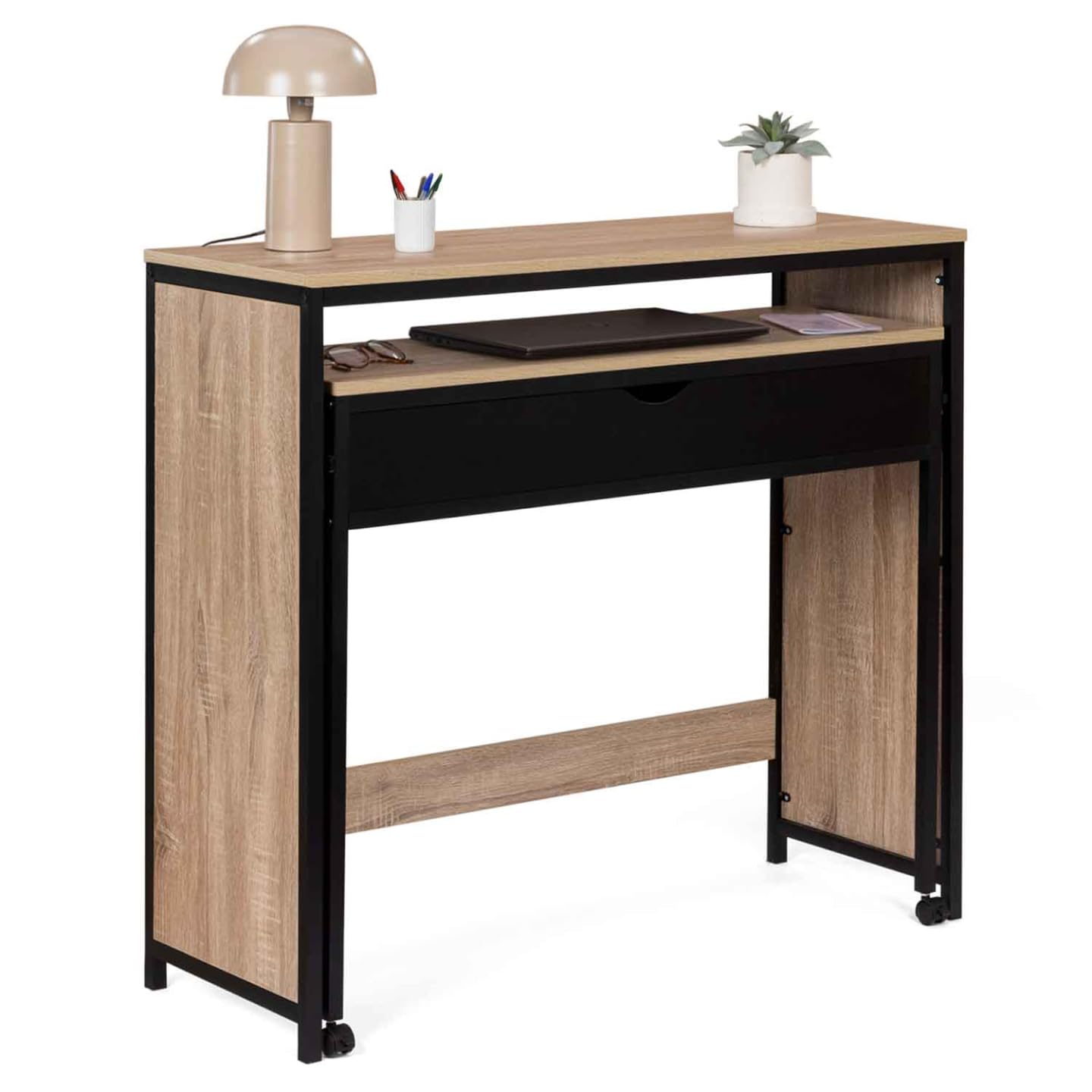 IDMarket - Escritorio extensible con 1 cajón, color negro Boston diseño industrial