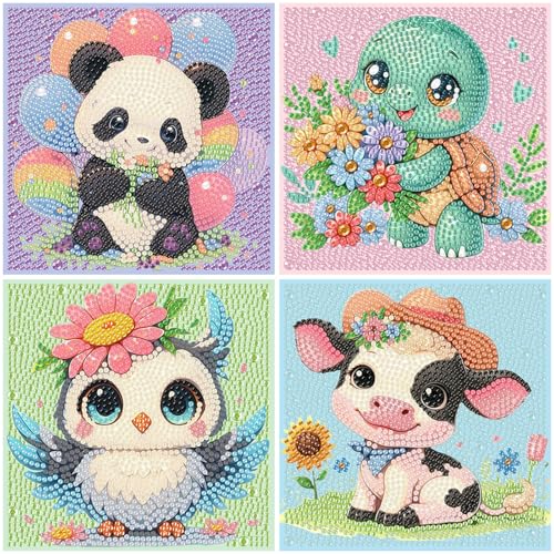 Pujeknm Juego de 4 pinturas de diamantes 5D para niños, juego completo de pintura de diamantes, imágenes de animales, fabricación de mosaicos, manualidades, niñas, niños, 6, 7, 8, 9, 10, 11, 12 años