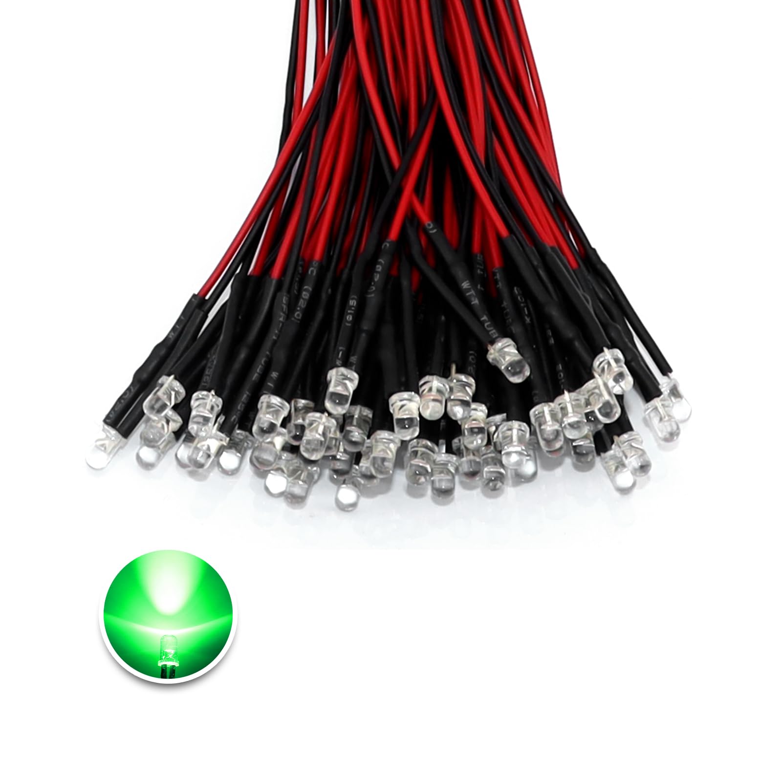 5mm 12V LED Lights Emitting Diodes Pre Wired 7.9 Inch LED Assortment Red Orange Yellow Green Blue White(Transparent Clear Round Lens) (White-Green / 50 Pcs, 3MM)