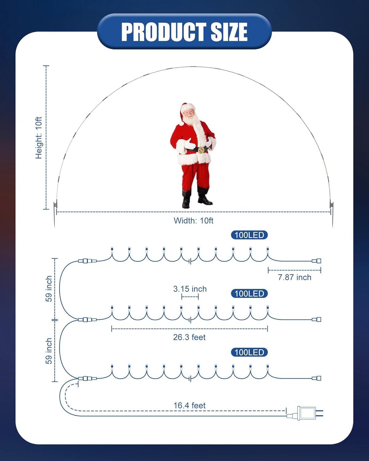 Product Size Diagram: An illustration showing the arch dimensions, with a maximum height of 10ft and width of 10ft, alongside detailed measurements for the 100 LED string lights including spacing and lead wire length.