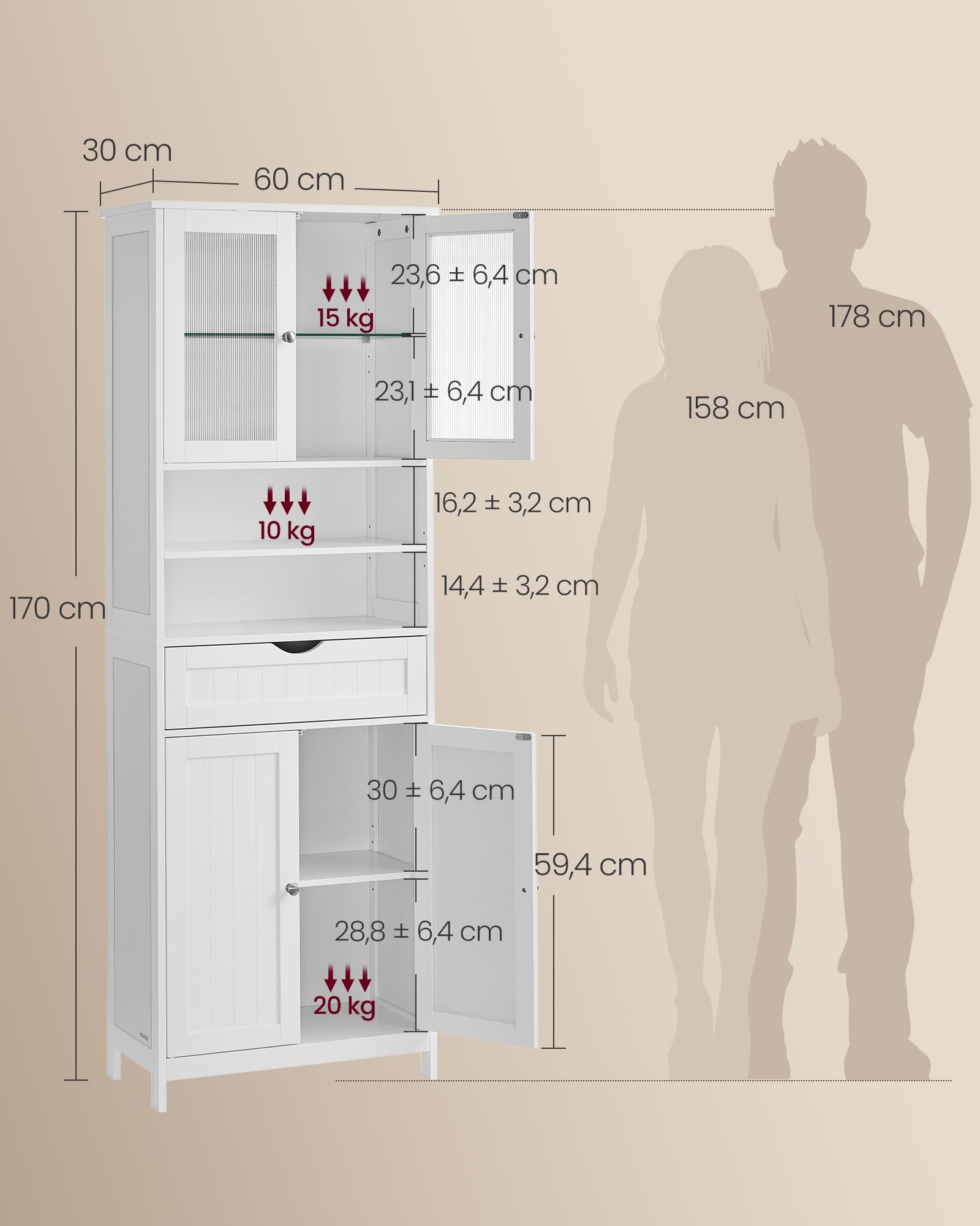 VASAGLE Armario de Almacenamiento con Iluminación, Armario de Baño, con Estantes Ajustables, Cajón, Compartimentos Abiertos, para Baño, Sala de Estar, Comedor, Blanco Nube BBC767W03