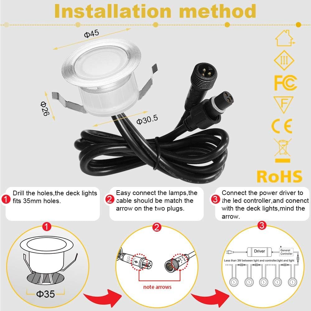 Juego de 6 focos LED empotrables con Bluetooth, 1 W, blanco cálido, blanco frío, 3 en 1, 3000 K-6000 K, diámetro de 45 mm, IP67, resistente al agua, foco LED empotrable para exteriores, función