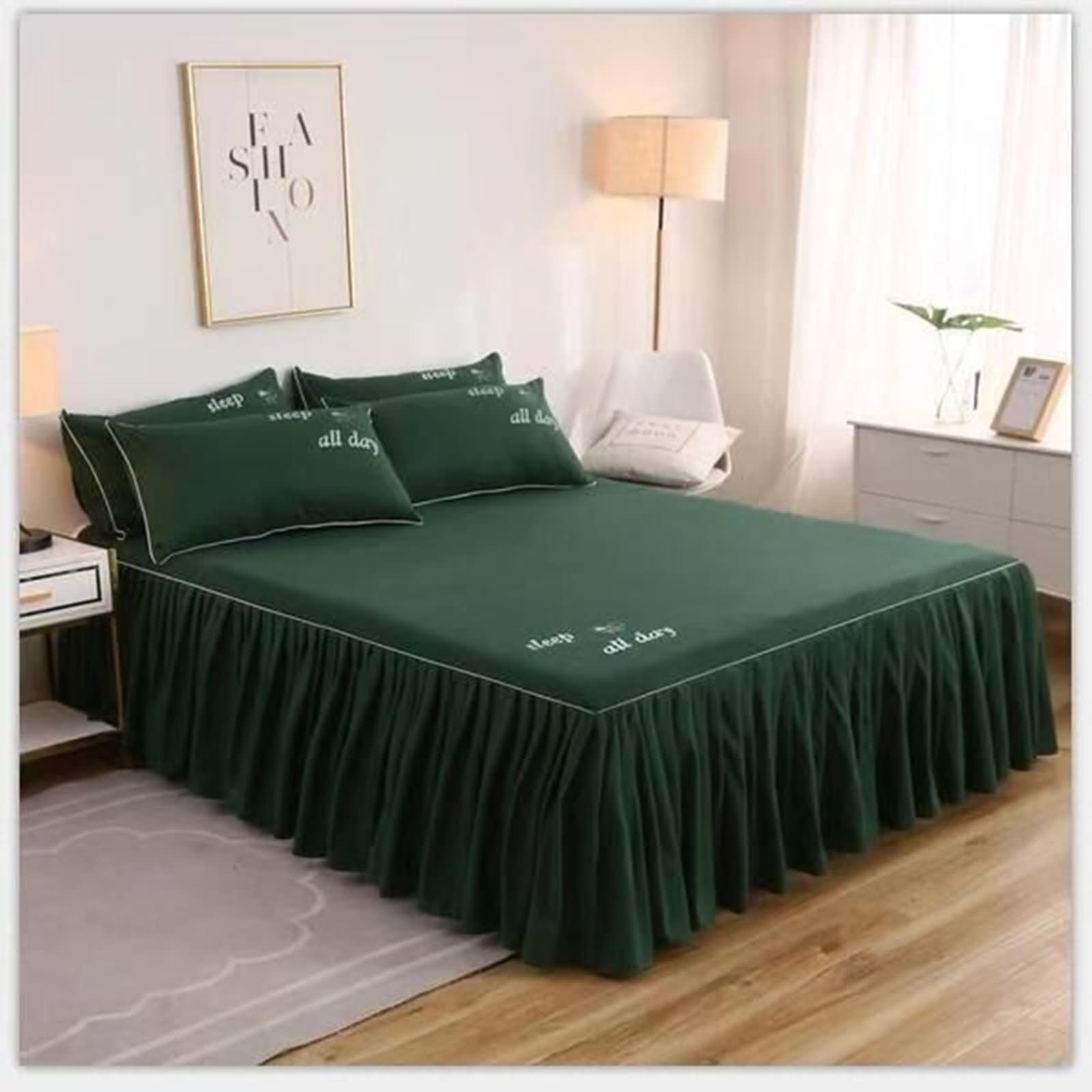 Lenzuolo Matrimoniale Angoli Poliestere, Lenzuola Matrimoniale con Gonna da Letto 180x220 cm Tinta Unita "sleep all day" Lenzuola Traspirante, Lavabile in Lavatrice, Verde Scuro