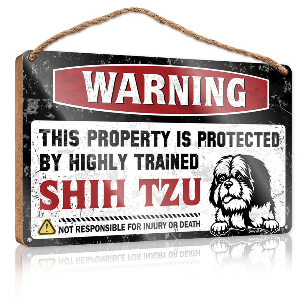 FZFN Hanging Plaque Sign Warning This Property Is Protected By A Highly Trained Shih Tzu Wooden Sign Wood Home Sign Outdoor Wooden Signs(15X28CM)