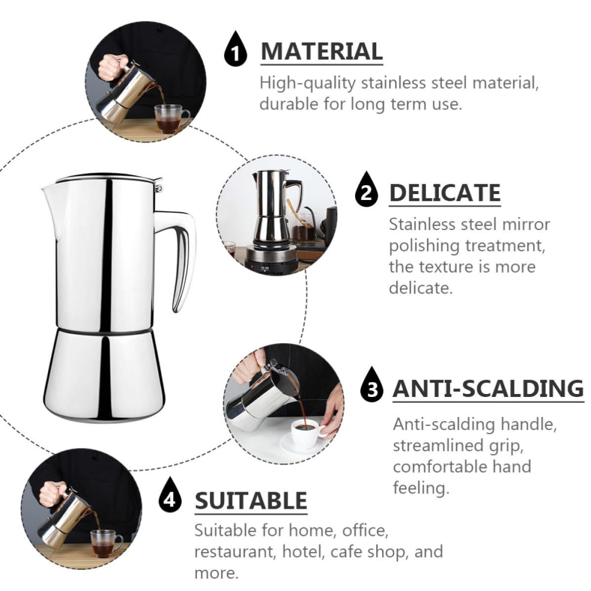 Cabilock Cafetera Capacidad de 200ml de Acero Inoxidable 304 para Estufa Espresso Apta para Cocinas de Inducción y Fuego Abierto, Adecuado para Uso en Casa y Hotel
