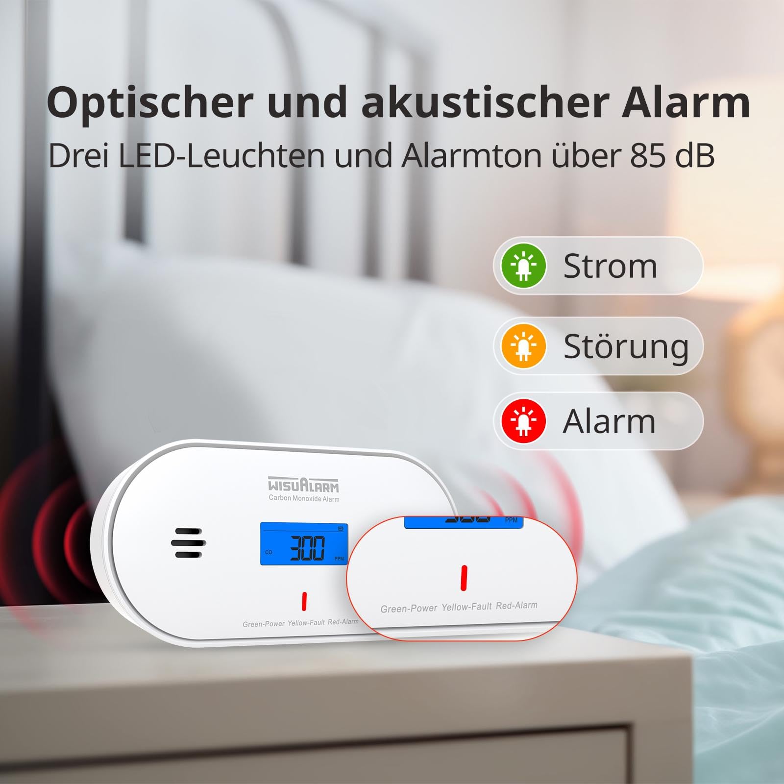Wisualarm WLAN-Kohlenmonoxidmelder, 3-in-1-Alarm mit Feuchtigkeits- und Temperaturerkennung, LCD-Display, App-Benachrichtigung, CO-Alarm mit versiegelter Batterie, entspricht EN 50291
