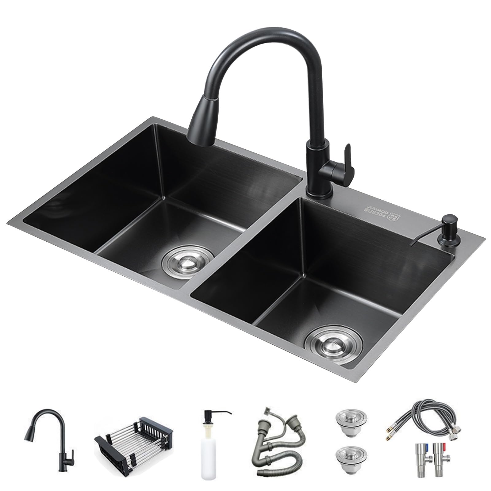 Fregadero de doble tanque negro con filtro para cocina y bar