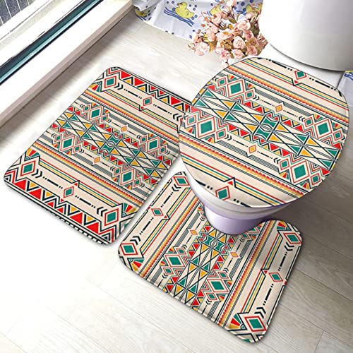 MBNGGAB Badematte + Konturmatte + Toilettendeckelbezug, Geometrische Folklore Ornament für Keramik 3 Stück Badematten Set, mit rutschfester Klebeunterseite