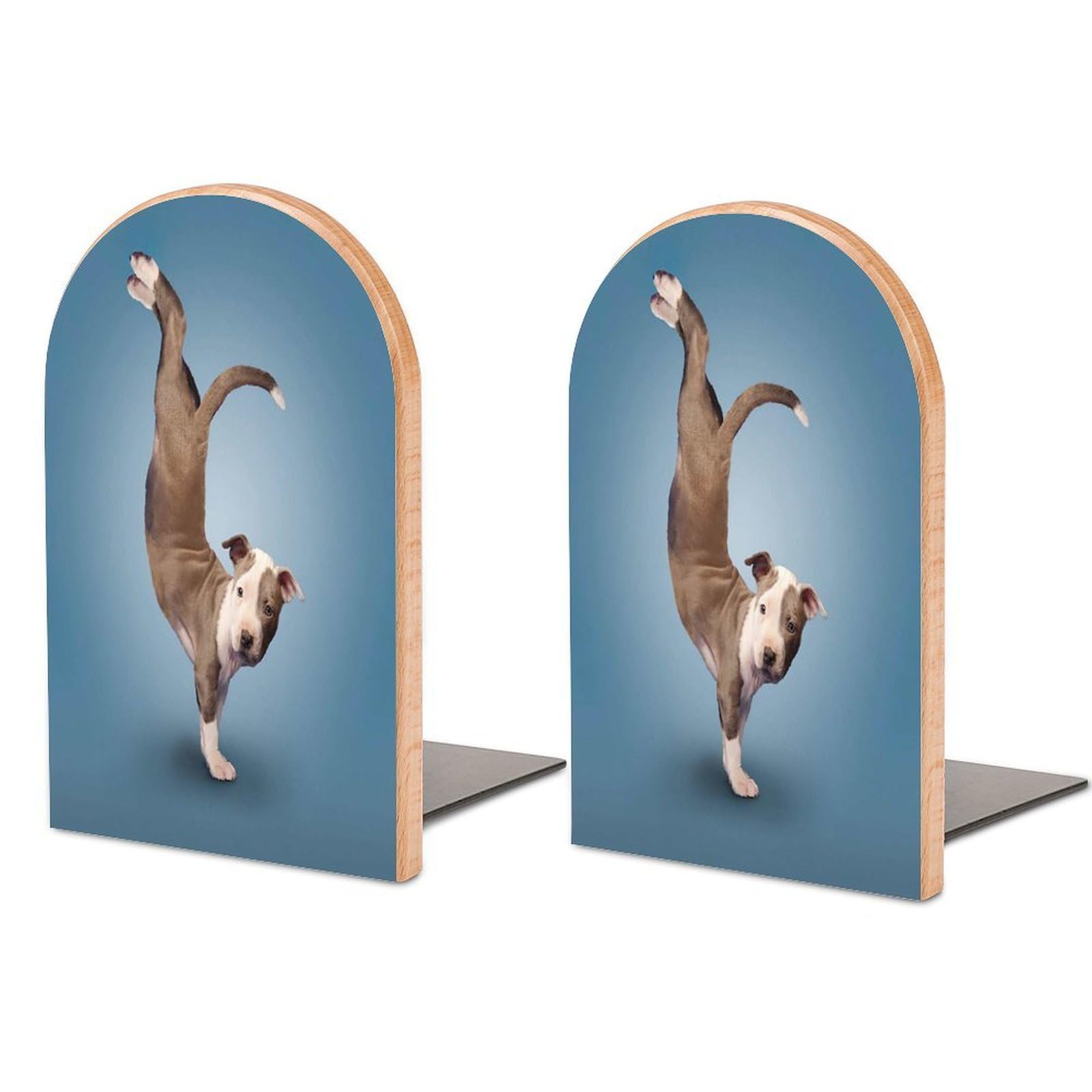 Pit Bull Puppy Dog Beech Wood Bookends Heavy Duty Book Organizers Desktop File Holder for Office Home Bookshelf