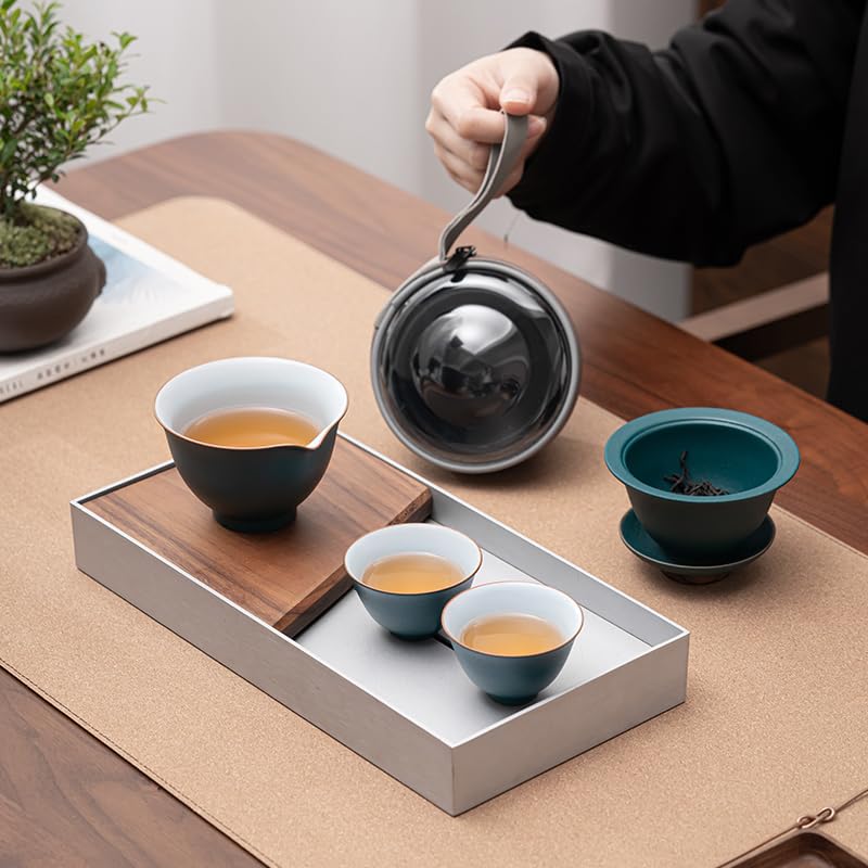 DAVBIRKuaiKe Cup Ceramic One Pot Two Cups Travel Kung Fu Tea Set Business Companion Gift Enterprise Annual Meeting (7.44oz) (220ml) (Dark Green Cup)