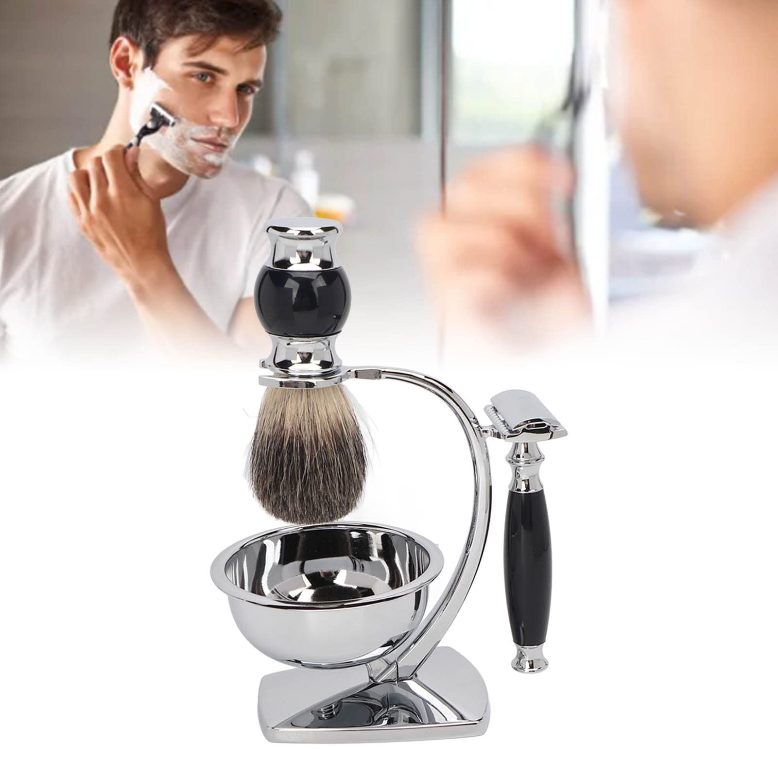 Kit Spazzole per Barba e Sapone, Set Spazzole per Barba Bagnata in Lega con Supporto per Ciotola e Rifinitore per Uomo, Design Compatto 4 in 1 per la Cura Quotidiana e una Facile