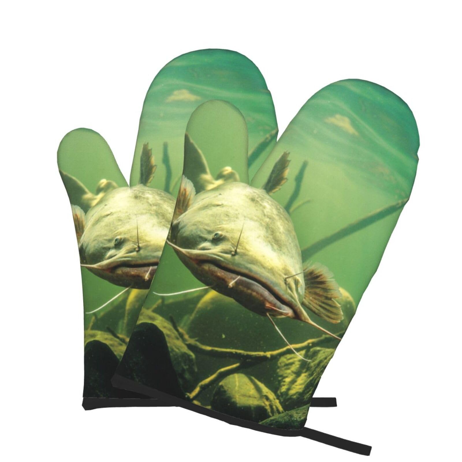 Oven Mitts Set of 2 Pcs, Underwater catfish Prints Heat Resistant Kitchen Gloves for Cooking Baking Grilling