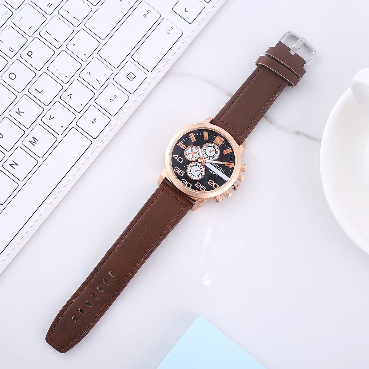 HMTE in Pelle Marrone 5 Pezzi/Set Set Regalo da Uomo Splendidamente confezionato Orologio da Cintura Portafoglio Portachiavi Penna Combinazione Casual Boy Friend Orologi