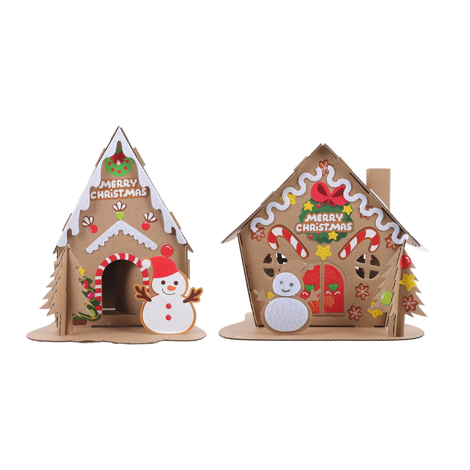 jojofuny 2 Sets Christmas Village House with LED Light Christmas DIY Cardboard Cottage Tabletop Decor Xmas Tree Snowman House Scene Figurine Mixed Color