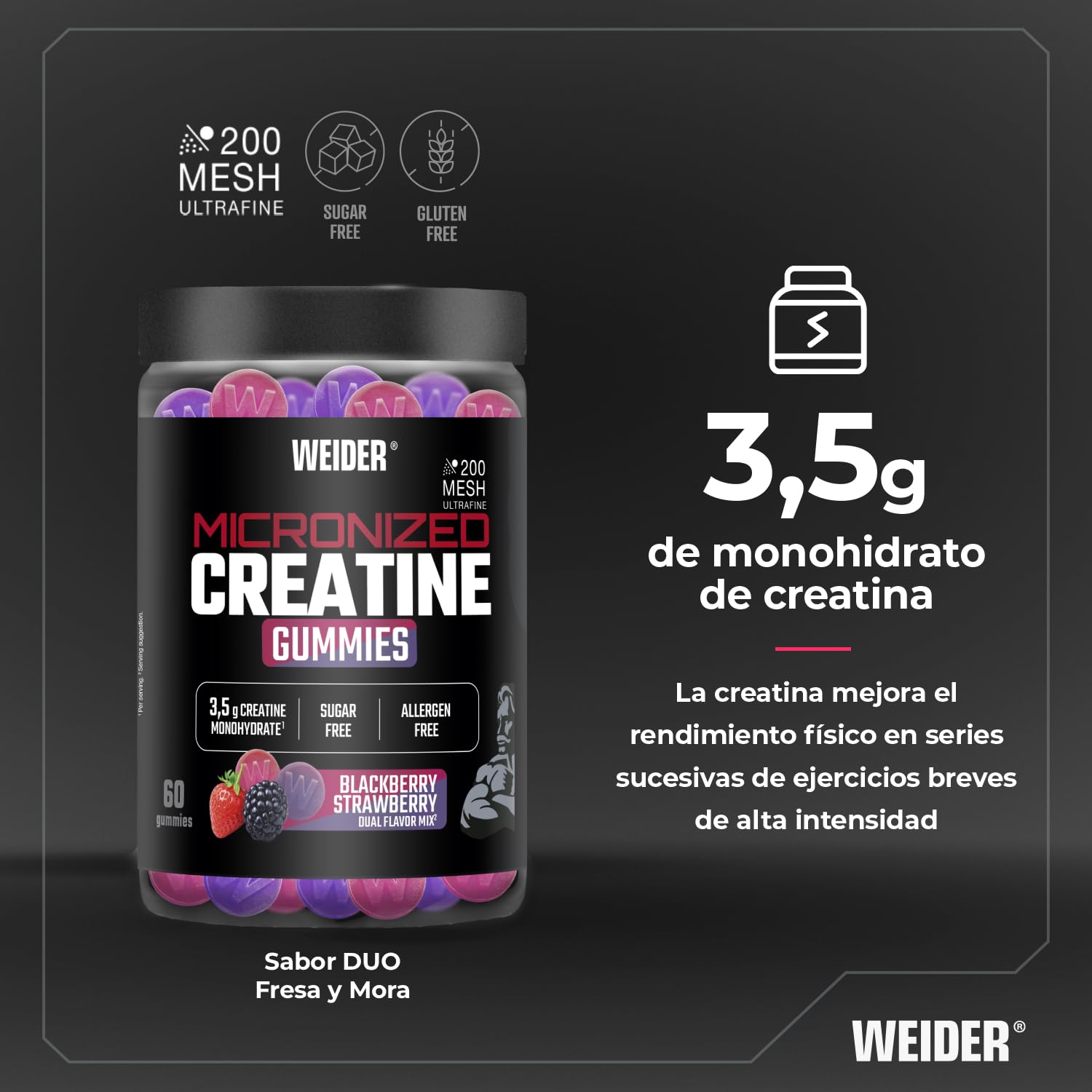 Weider Micronized Creatine Gummies (60 gominolas) Sabor DUO Fresa-Mora, con 3,5g creatina monohidrato 200 MESH/porción, Certificado por laboratorio Europeo, ayuda al rendimiento físico (20 porciones)