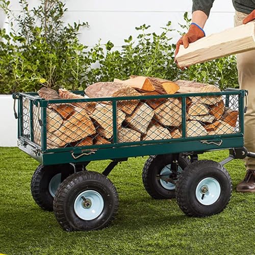 EPTWALS Carro de Jardín de Acero con 4 Neumáticos, con Laterales de Malla Desmontables para Convertirlo En Plataforma, Carro Metálico Utilitario con Asa Giratoria de 180°, para Granja, Patio
