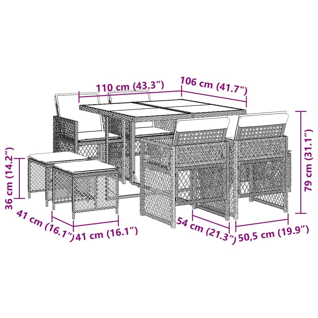 vidaXL Ensemble à Manger de Jardin 9 pcs avec Coussins Beige Poly Rotin - Mobilier d'Extérieur