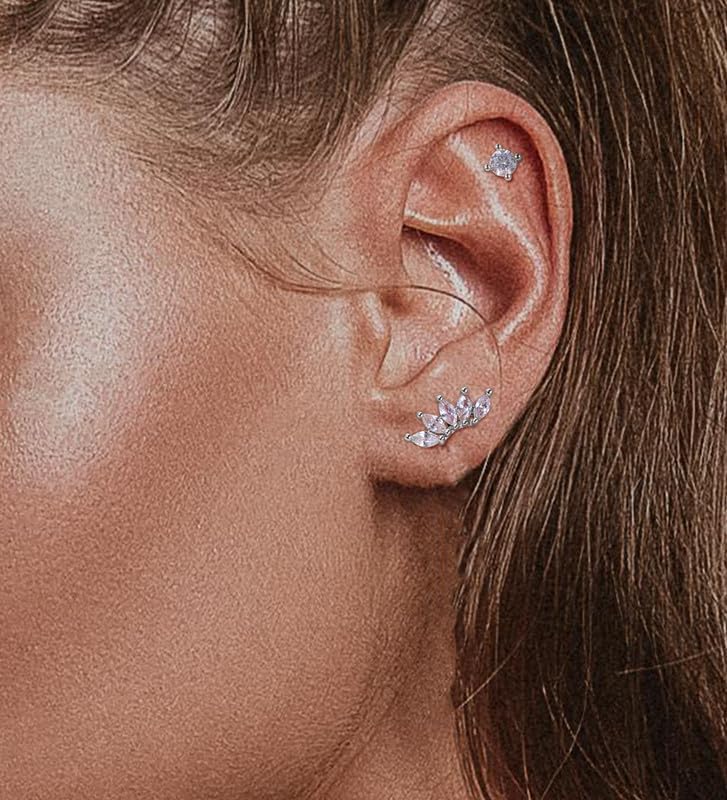 925 Sterling Silver Hypoallergenic Cartilage Earrings Studs Set for Multiple Piercing for Women Handmade CZ 14K Gold Plated Stacks Stud Earrings for Helix Tragus Conch Piercing Jewelry - Image 7