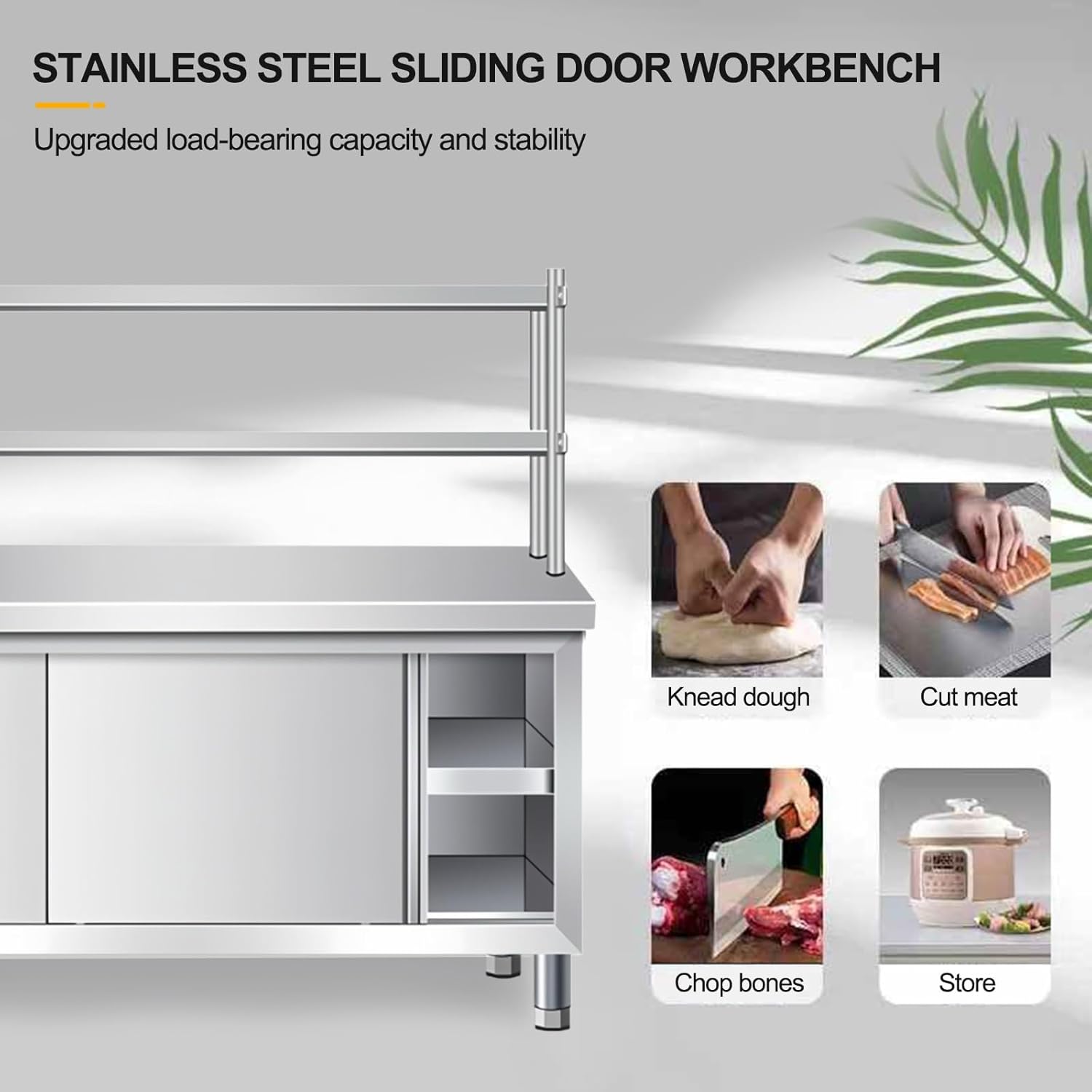 All-Stainless Steel Commercial Work Table with Double Door Storage Cabinet & Overshelves, Kitchen Prep Table for Home, Restaurant, Garage, Outdoor Use (80x50x80cm)