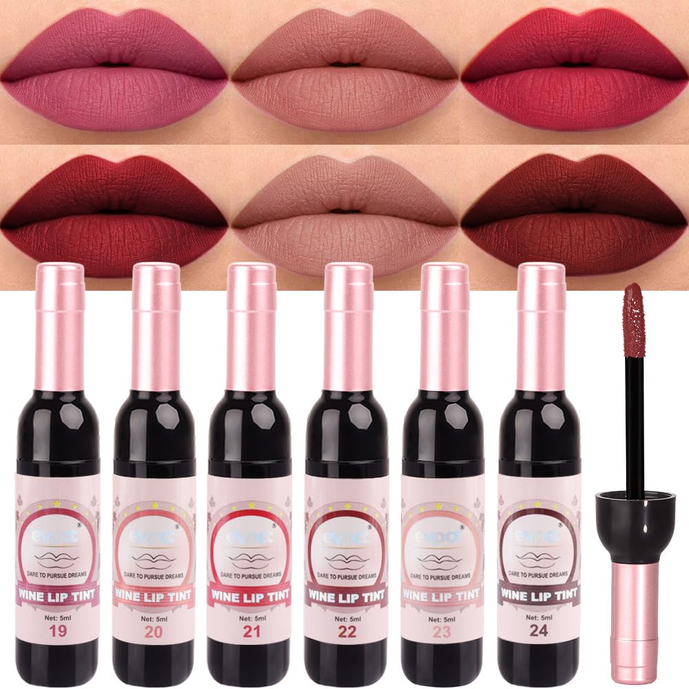 evpct Wine Lip Tint Stain 6 colors Set Long Lasting Waterproof, Mauve Light rosey nude Ruby red Dark red Light pink beige Red brown 6 Wine Bottles Shades Colored Lip Tint Stain Liquid Lipstick Set 04