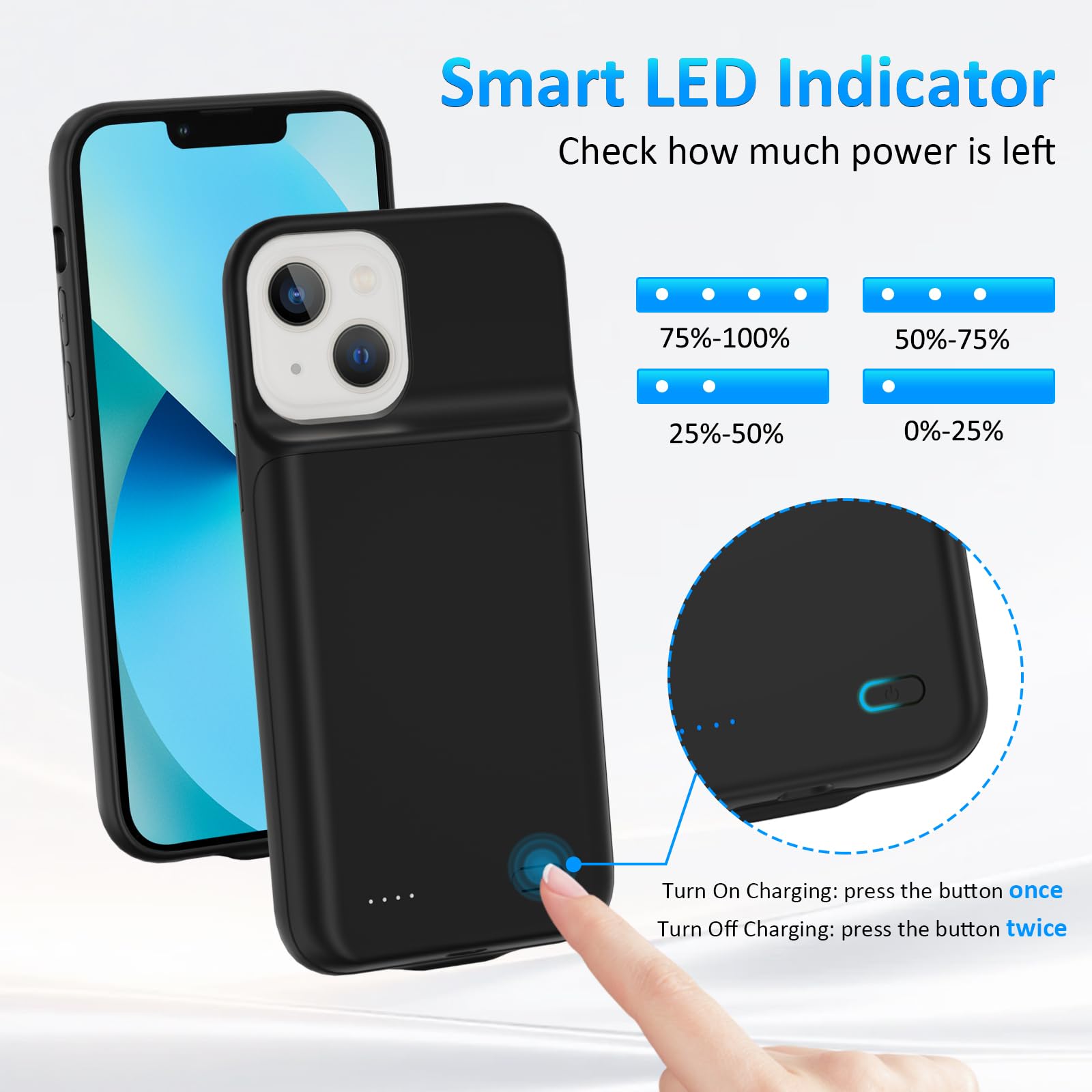 Coque de protection pour iPhone 13 (6,1 "), 8500 mAh, chargeur portable ultra fin, batterie étendue, chargeur de téléphone et coque de protection avec fonction de charge pour iPhone 13 - Noir