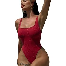 YAUASOPA Women's Shiny Lurex One Piece Swimsuit Square Neck Tummy Control Backless Bathing Suits