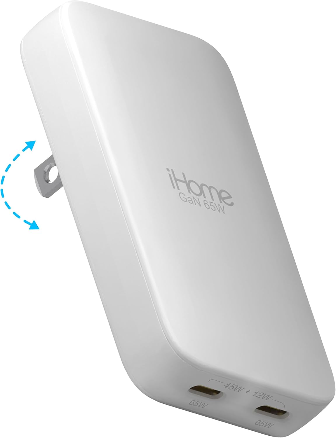 iHome 65W Ultra Slim Wall Charger, Dual USB-C Ports, GaN Chip Technology, Charges Up to 2 Devices, Folding Prongs, Travel Friendly, ETL Certified
