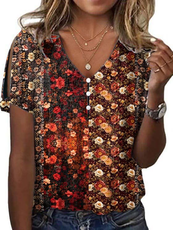 Women's Summer Floral Printed Cotton Shirt Casual V Neck Tank Tops Short Sleeve Loose Fit Blouses Smocked Shirts