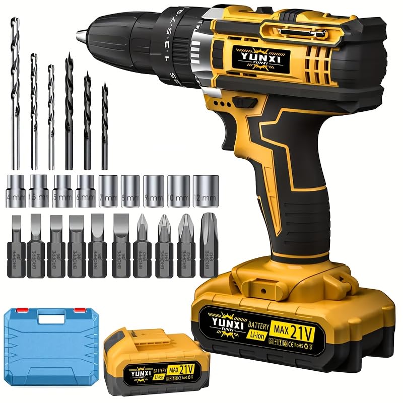 2025 new household electric drill charging tool, cordless lithium screwdriver with tape impact function, suitable for home decoration (Upgrade battery * 1+plastic box with multiple accessories)