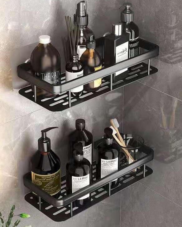 Image of 2 Pcs Self Adhesive Bathroom Shelf for Wall | Bathroom Organizer Without Drill | Wall Mounted Bathroom Shelves | Aluminum Bathroom Organizer Rack for Bathroom Accessories (Black)