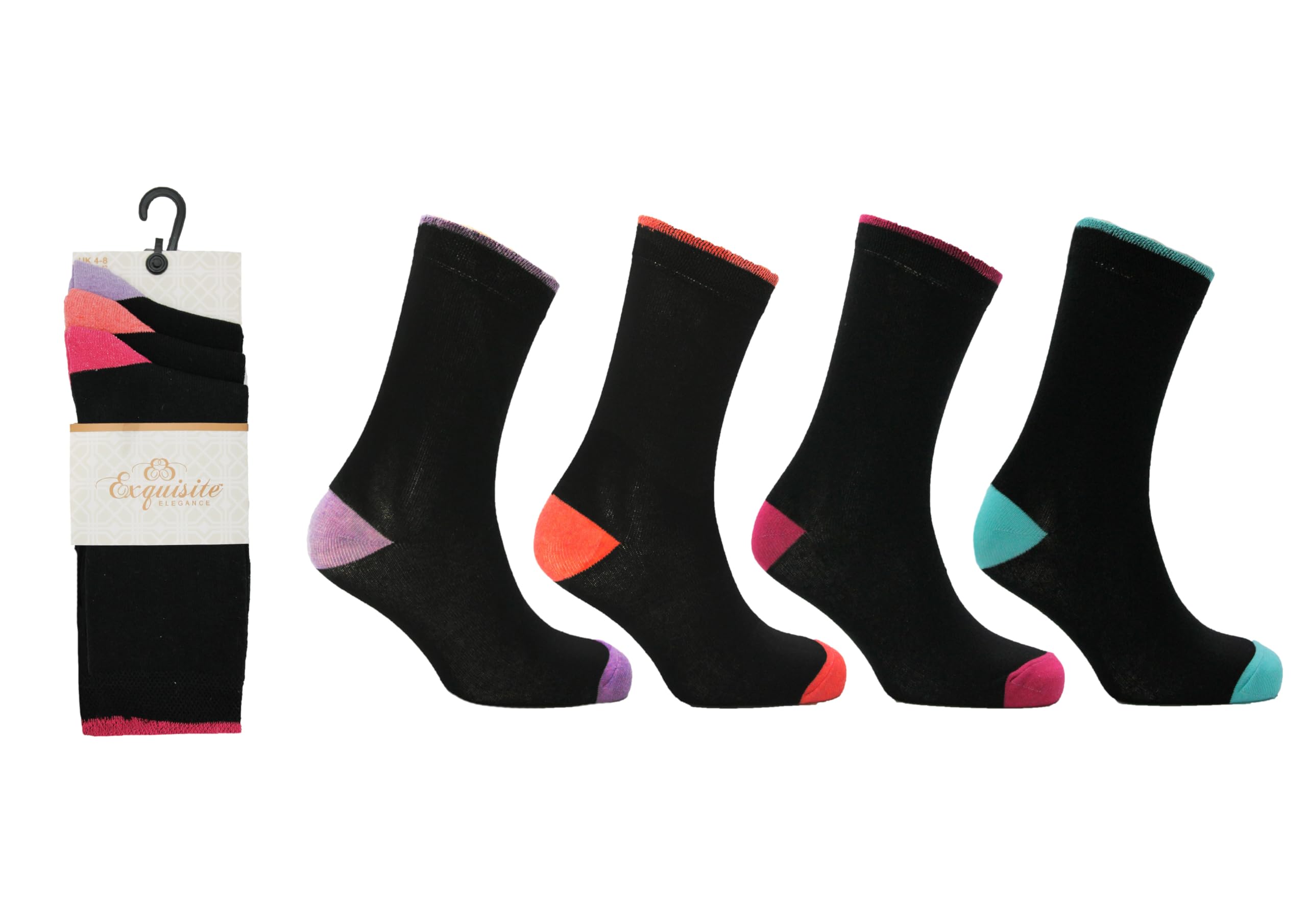 Exquisite Elegance 6 Pairs Women's Cotton Blend Socks, Coloured Heel & Toe, Assorted, UK 4-8 (EUR 37-42)