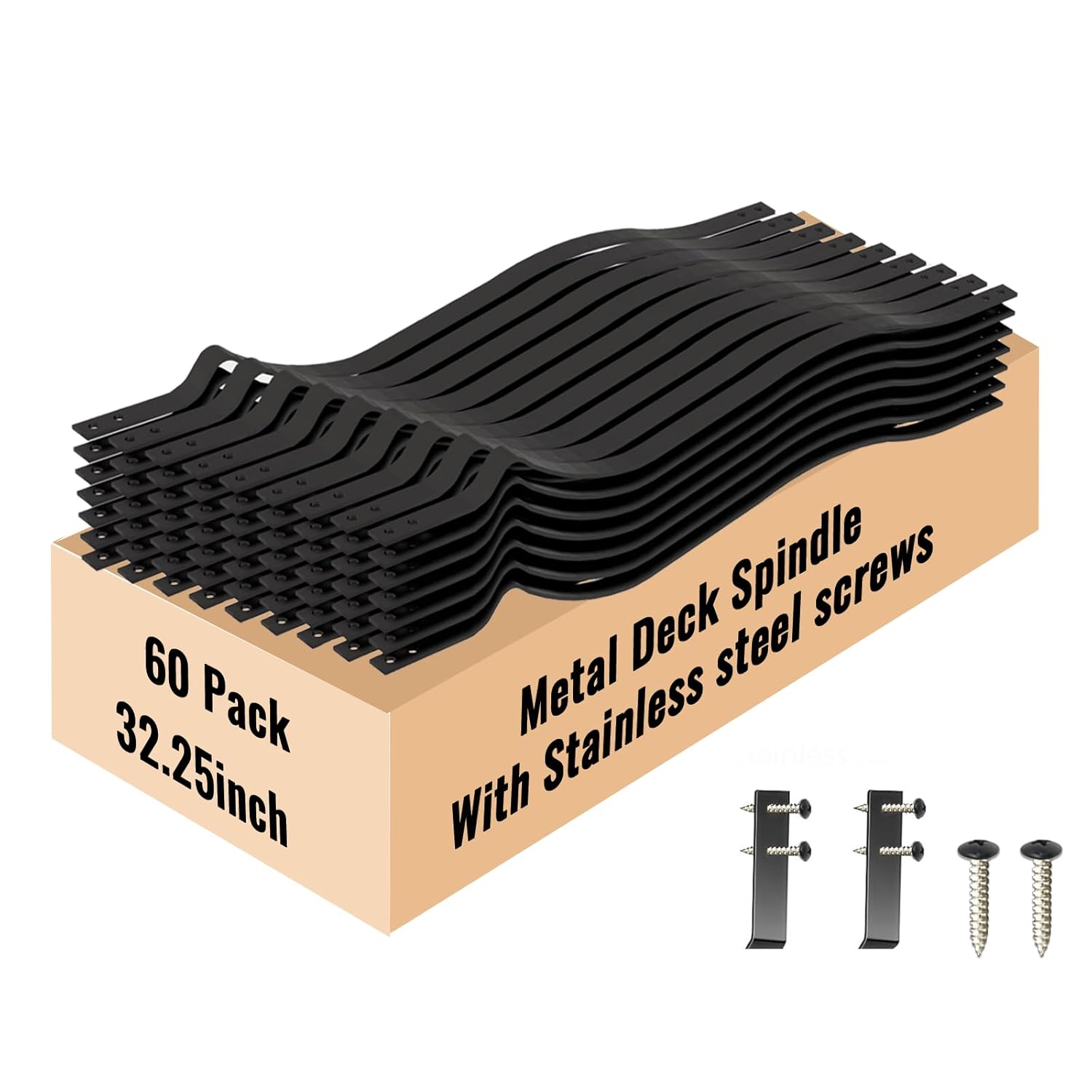 zongrace 60 pack 32.25" wave arc metal deck balusters, heavy duty matte black metal deck spindles with stainless steel screws for outdoor deck railing 32-1/4 inch 60