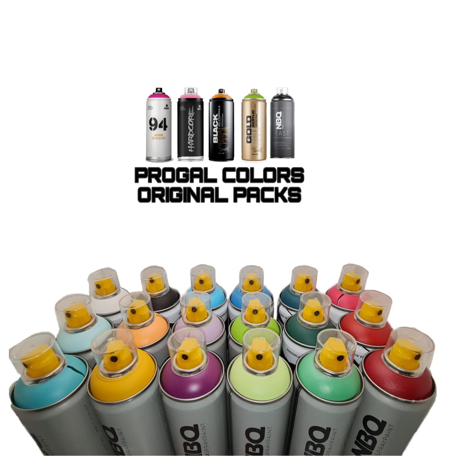 PROGAL COLORS NBQ Slow Master Cake Pack Spray de Pintura Multisuperficie Baja Presión Acabado Mate (18x 400ml + 6x Difusor/Cap de Repuesto + Pegatinas)