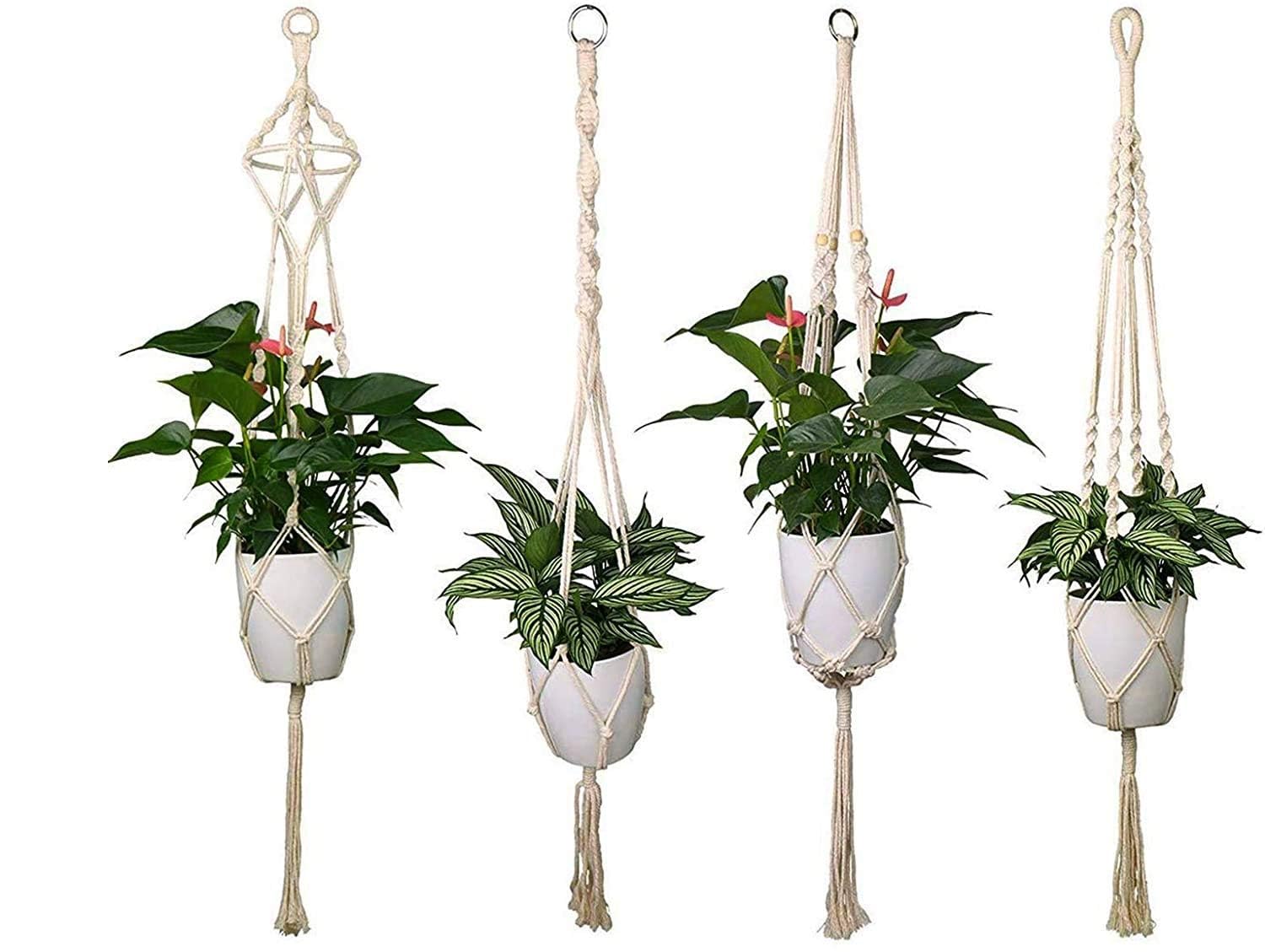 MOS HANDICRAFT Feel The Difference Natural Handmade Macrame Cotton Plant Hangers, Standard Set of 4