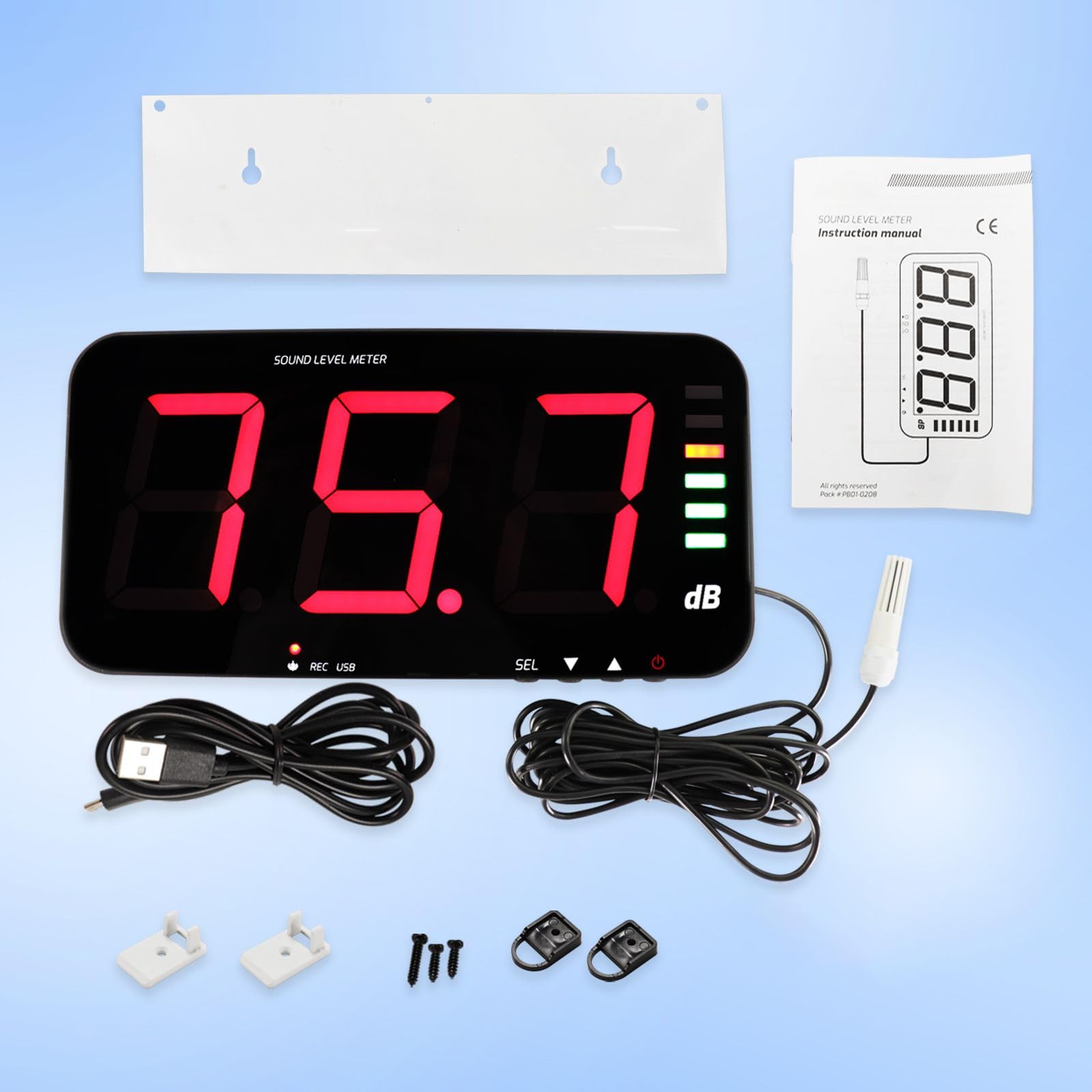 Medidor de Nivel de Sonido Digital de 30 a 130 dB, Medidor de Decibelios para Medir Ruidos, Pantalla Ancha HD de 13 Pulgadas Montada en la Pared con Función de Registro de Datos y Alarma de Ruido