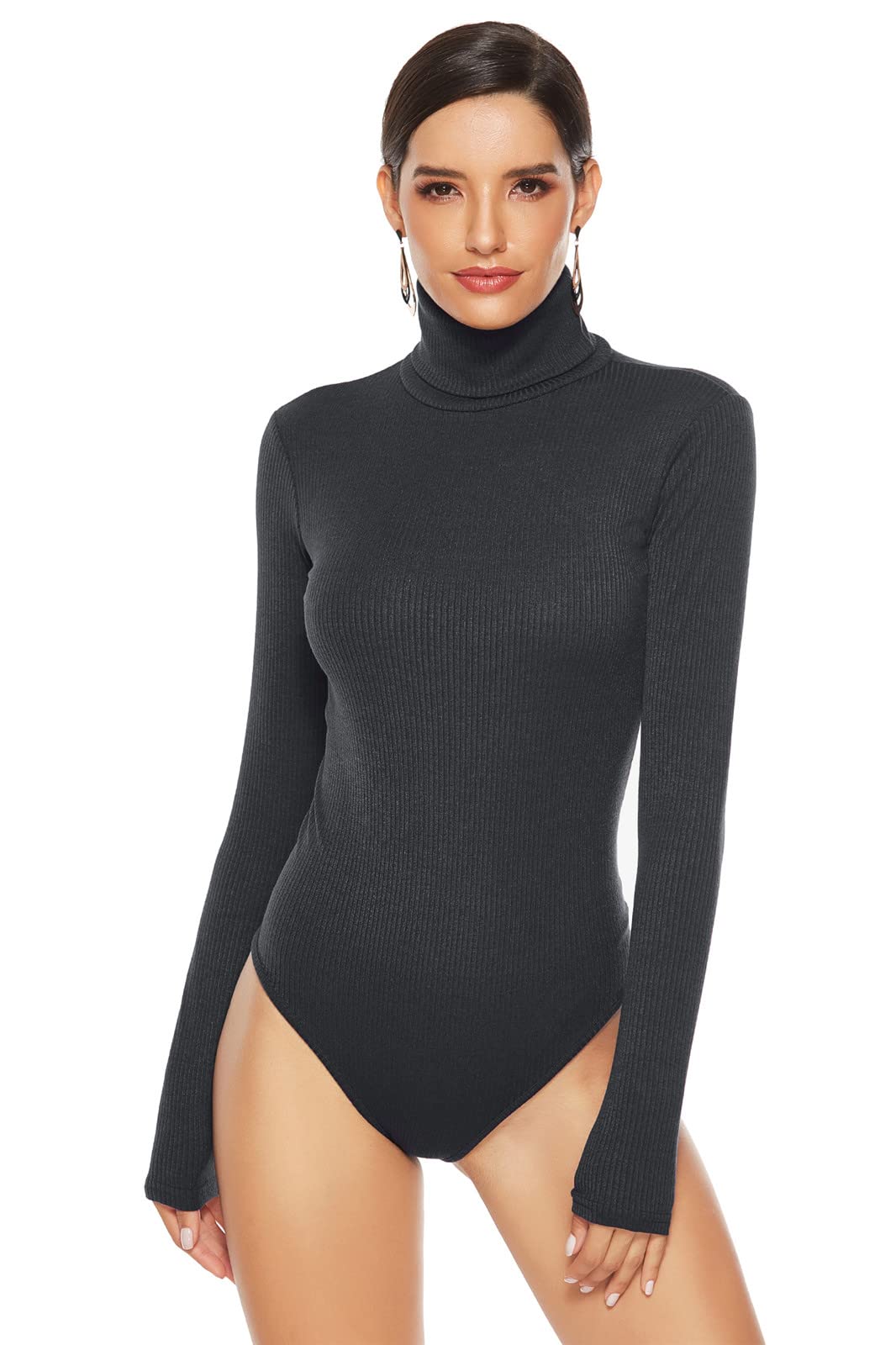 Xungho Women's Black Casual Bodysuit Turtleneck/Stand Collar With Zipper Long Sleeve Romper Autumn Winter Ribbed Knit Bodycon Bottoming Playsuit