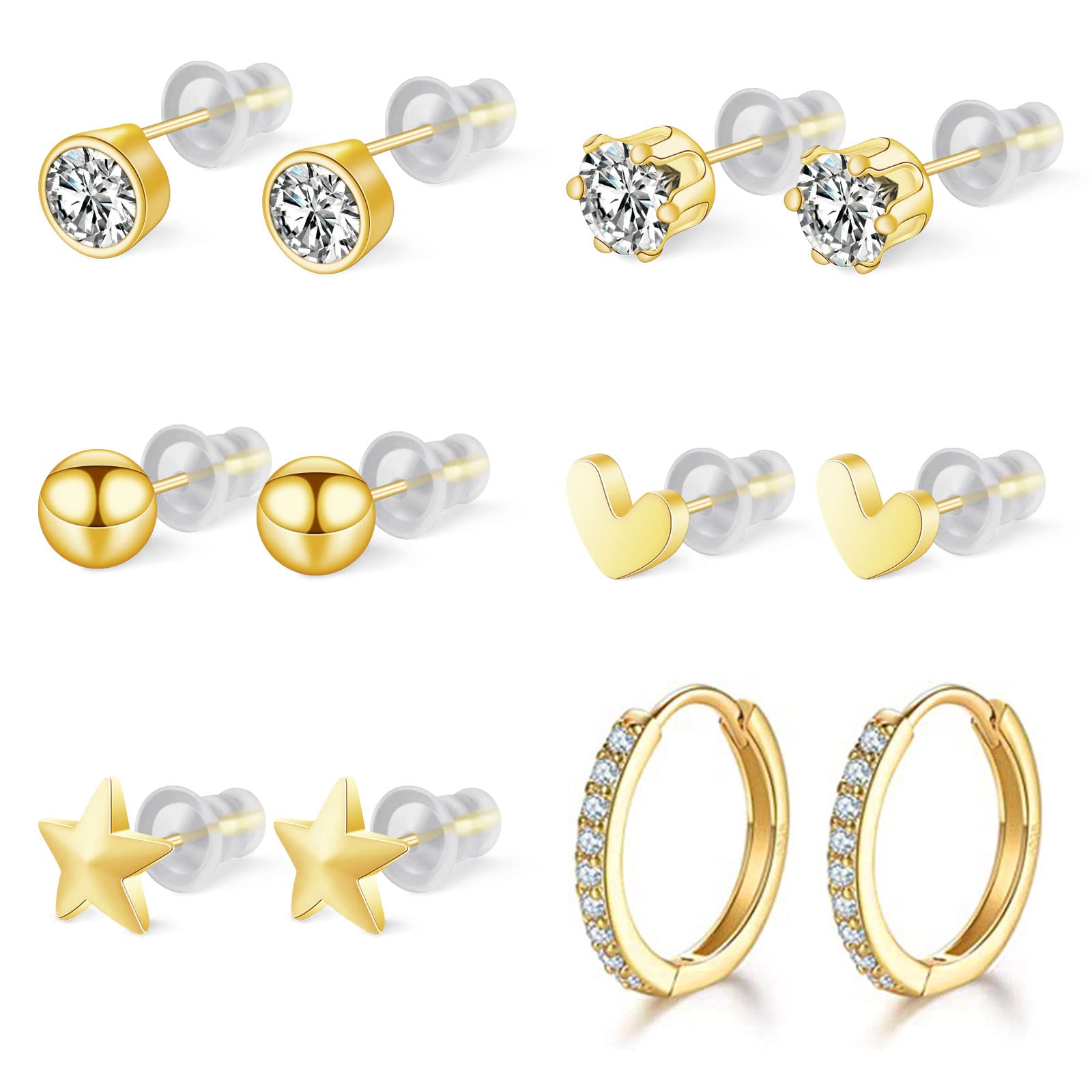 Aucuu6 Pares Pendientes de Tuerca de Plata, Pendientes Piercing Oreja 925 para Mujer, Pendientes de Aro de Amor con Circonita Estrella, Regalo de Día de La Madre con Cajas